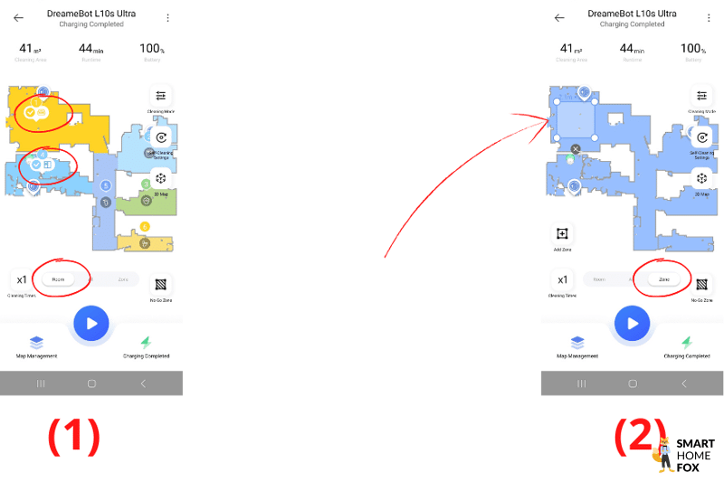 Уборка одной комнаты и зональная уборка в приложении Dreame L10s Ultra.